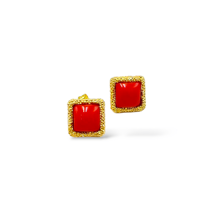 LAUNCH OFFER - Real coral square earrings, mounted on hammered silver
