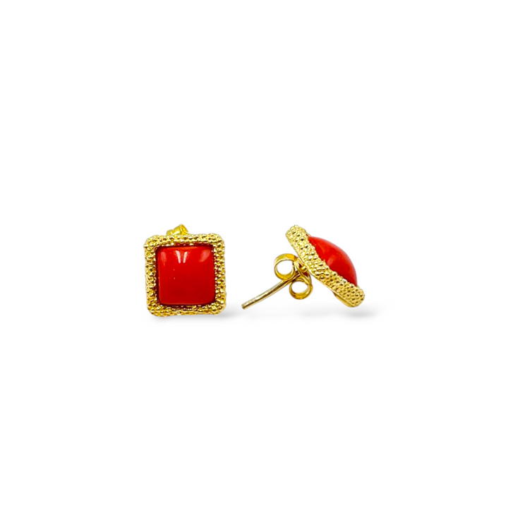 LAUNCH OFFER - Real coral square earrings, mounted on hammered silver