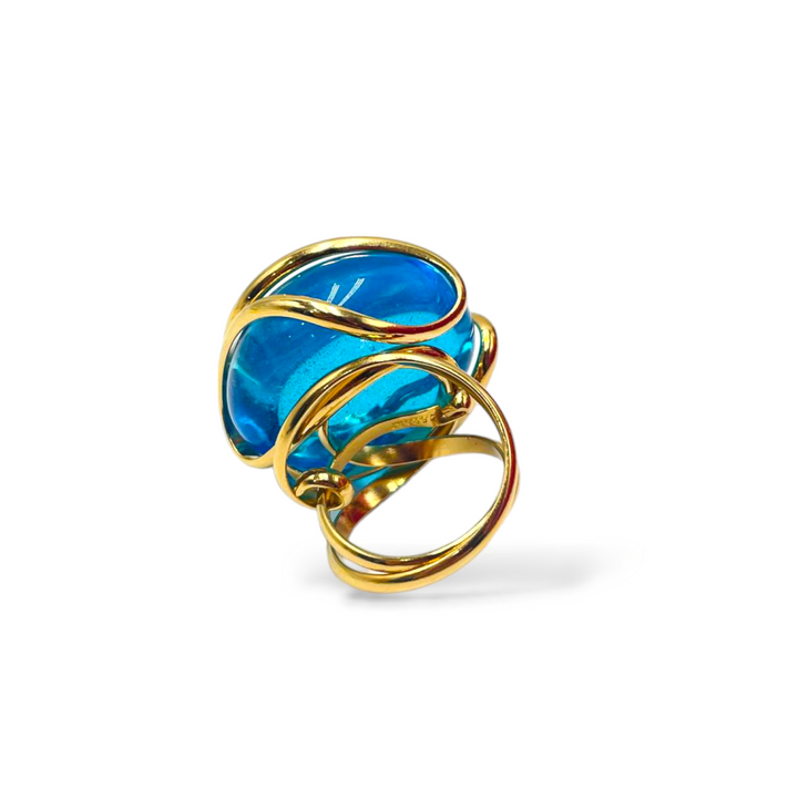 Anello in cristallo azzurro prezioso di Murano