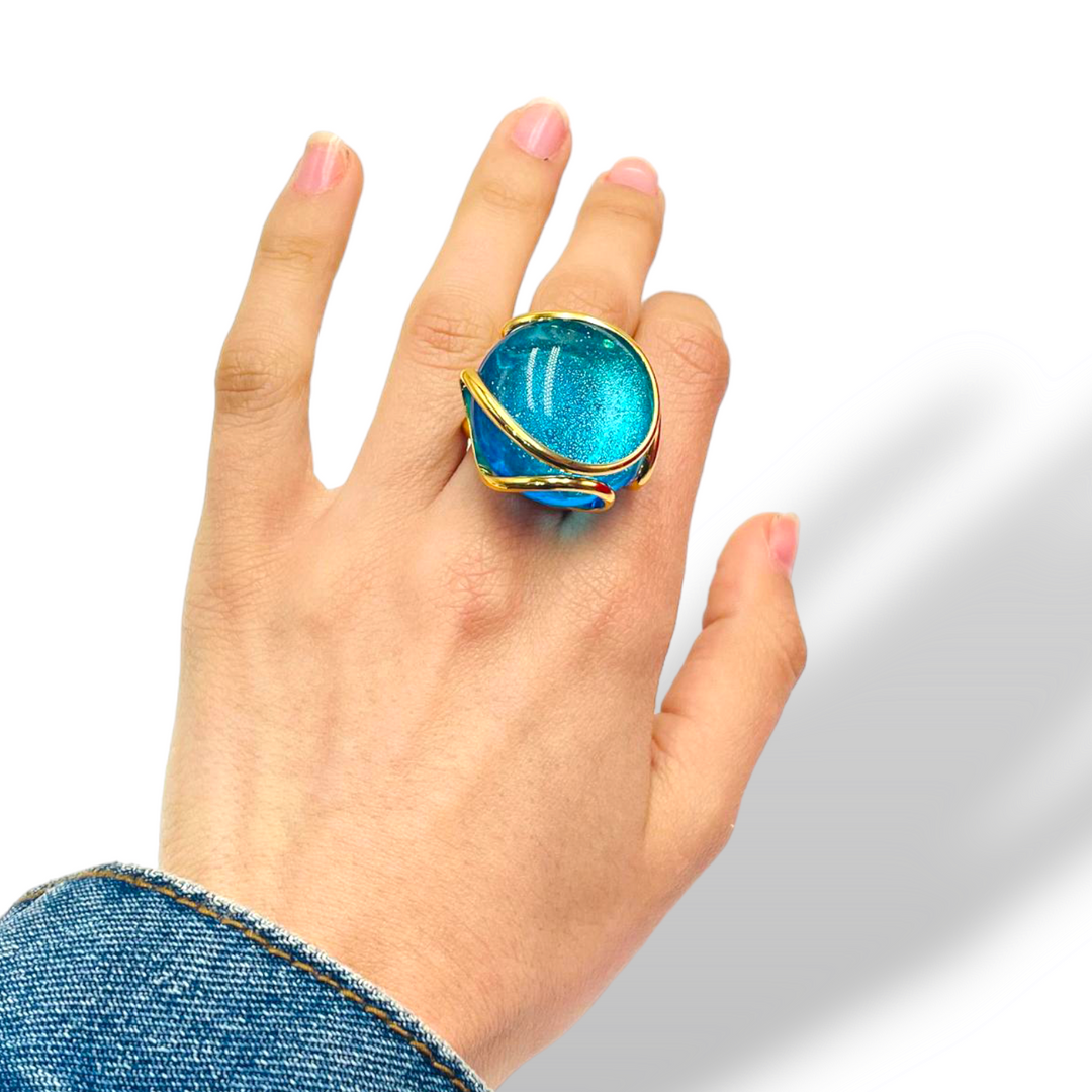 Anello in cristallo azzurro prezioso di Murano