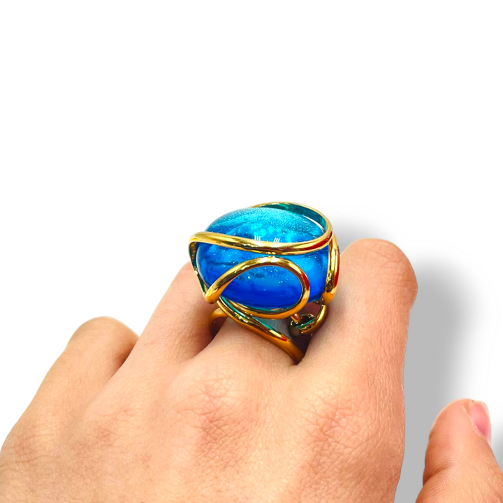 Anello in cristallo azzurro prezioso di Murano