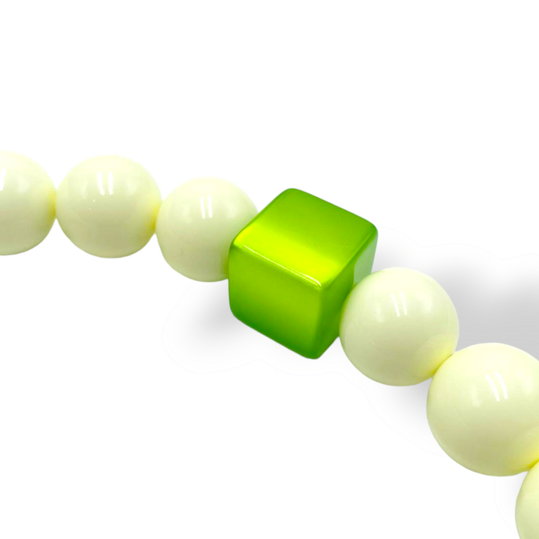 END OF COLLECTION - Cream magic sphere necklace and green resin square