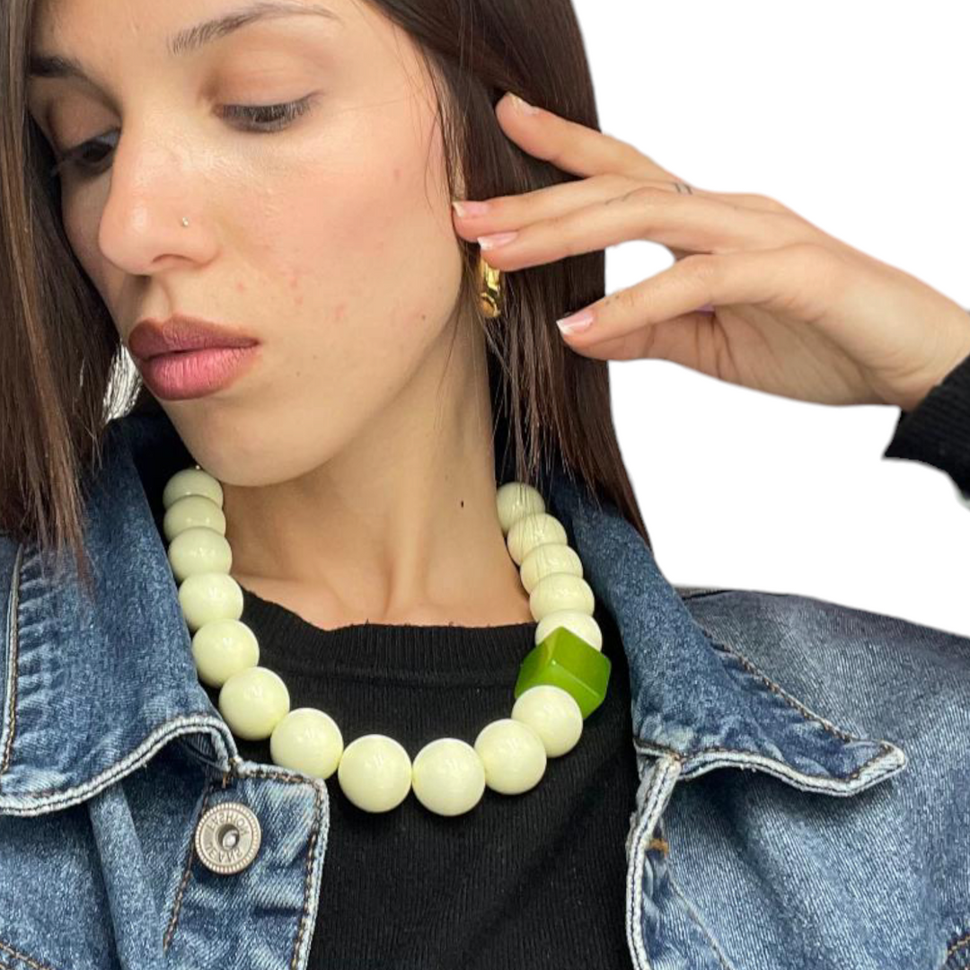END OF COLLECTION - Cream magic sphere necklace and green resin square