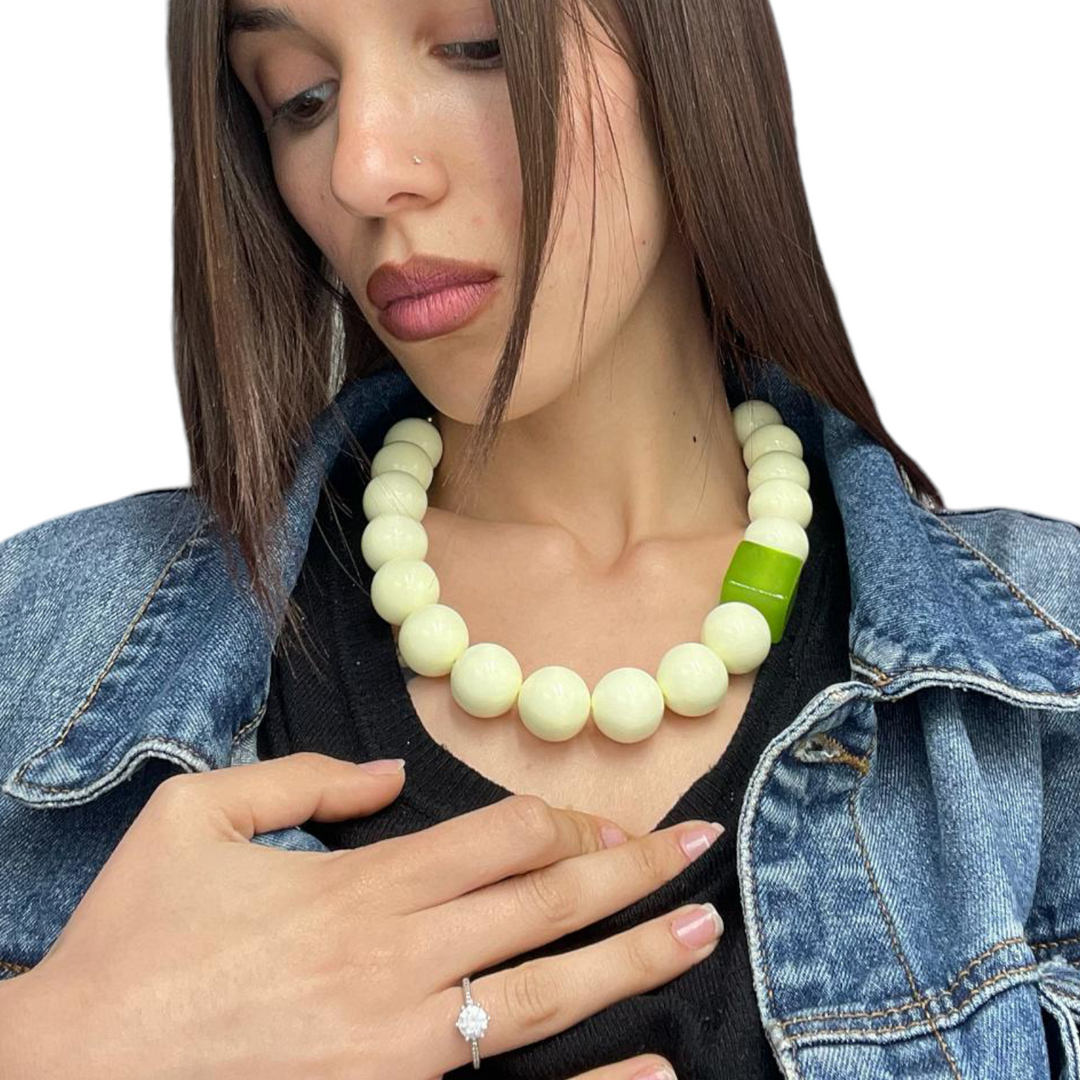 END OF COLLECTION - Cream magic sphere necklace and green resin square