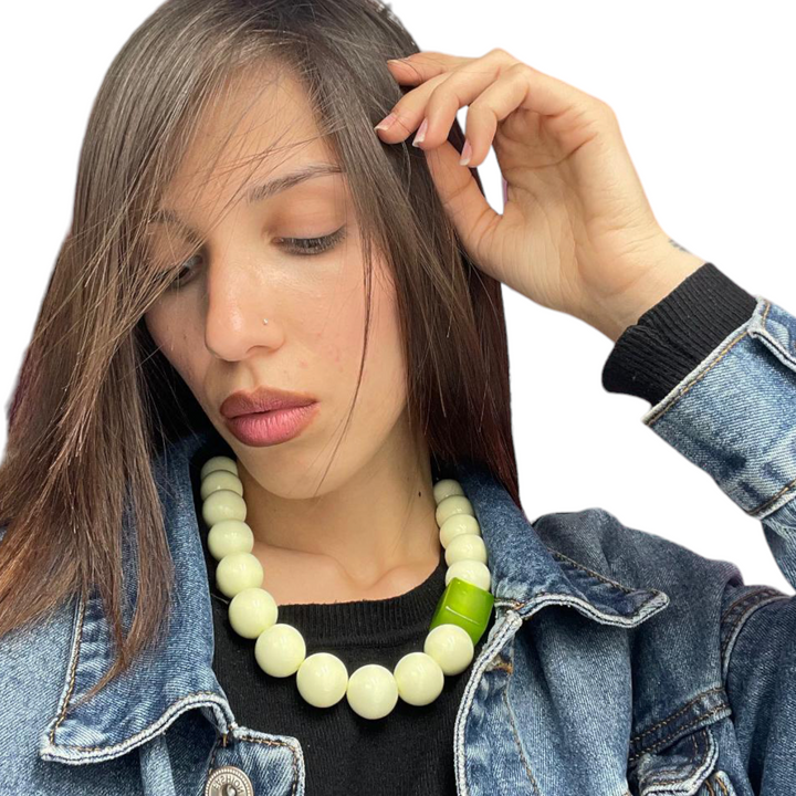 END OF COLLECTION - Cream magic sphere necklace and green resin square