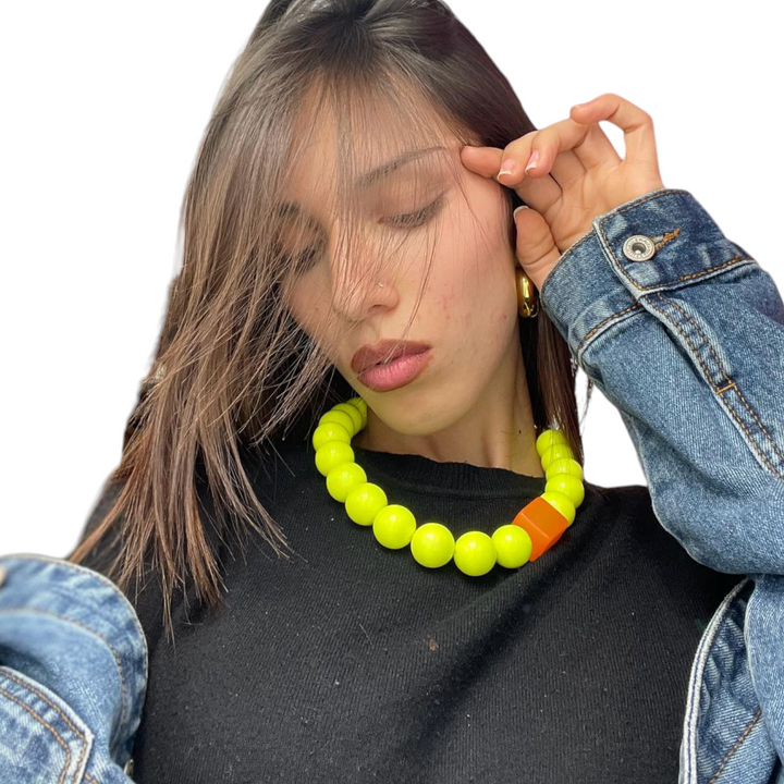 END OF COLLECTION - Yellow magic spheres and orange square resin necklace