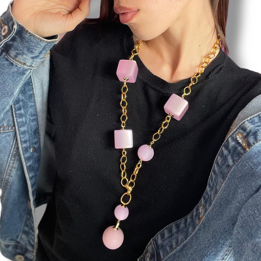 END OF COLLECTION - Pink resin magic spheres and squares necklace