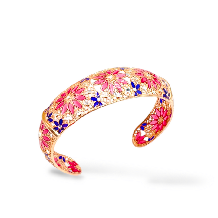 Bracelet flowers in enameled silver and zircons filigree workmanship