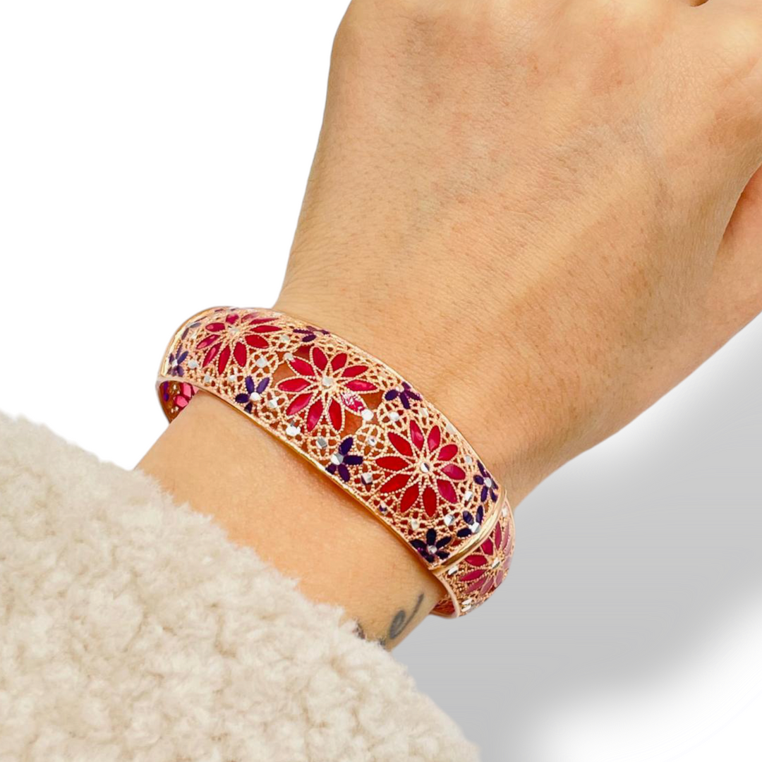 Bracelet flowers in enameled silver and zircons filigree workmanship