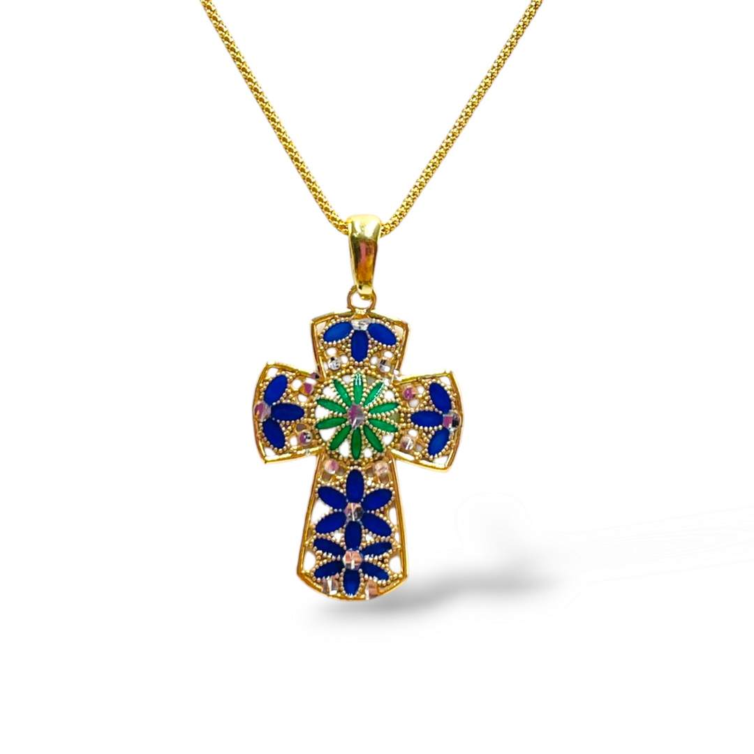 Cross pendant in enamelled silver with filigree workmanship