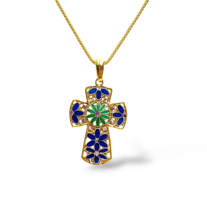 Cross pendant in enamelled silver with filigree workmanship