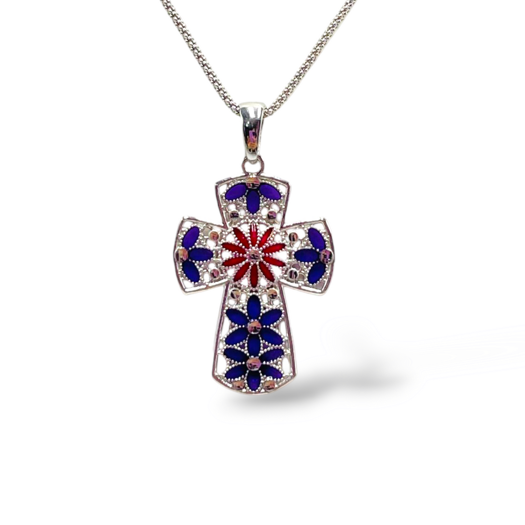 Cross pendant in enamelled silver with filigree workmanship