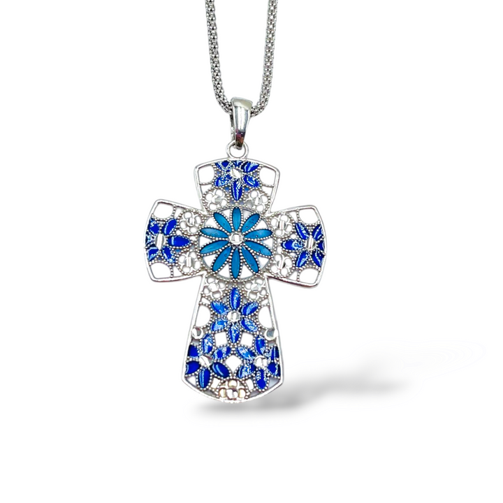 Cross pendant in enamelled silver with filigree workmanship