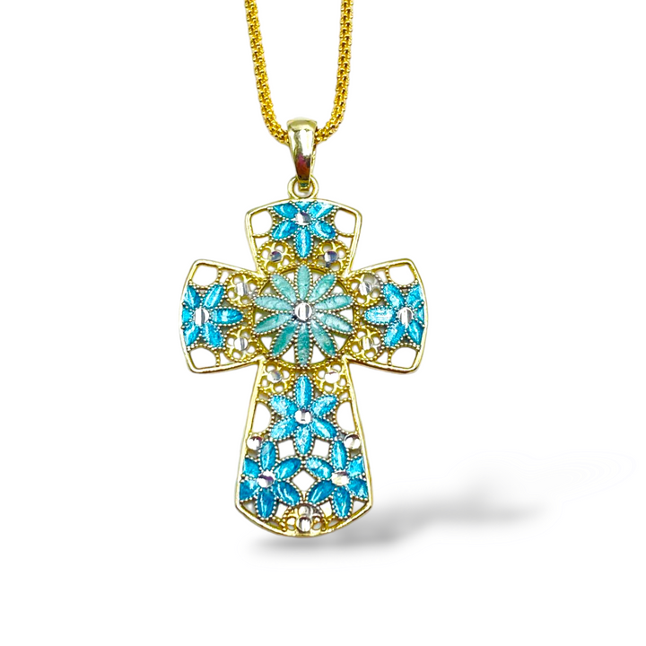 Cross pendant in enamelled silver with filigree workmanship