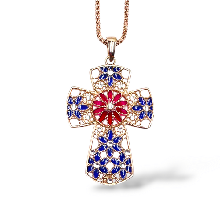 Cross pendant in enamelled silver with filigree workmanship