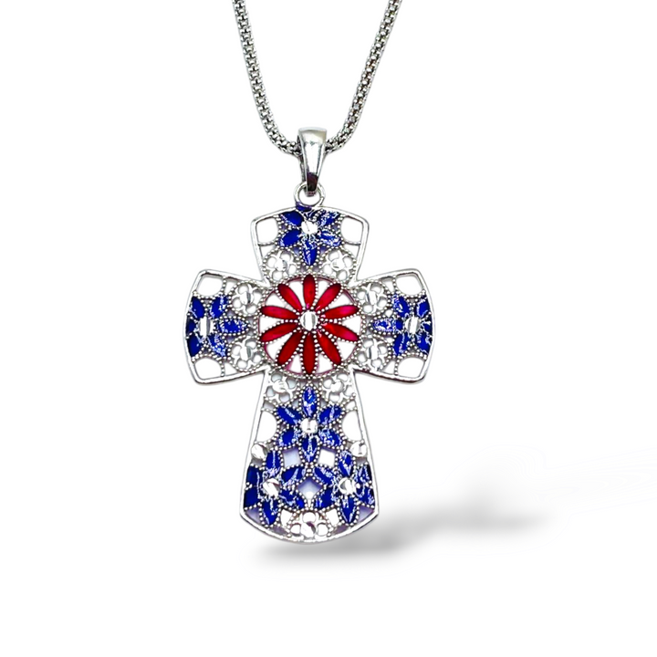 Cross pendant in enamelled silver with filigree workmanship