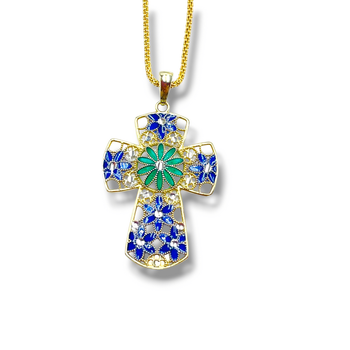 Cross pendant in enamelled silver with filigree workmanship