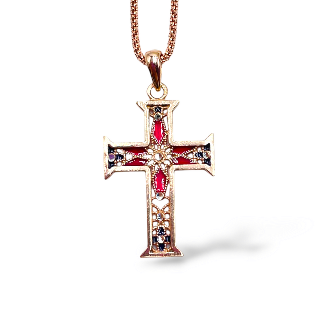 Cross pendant in enamelled silver with filigree workmanship
