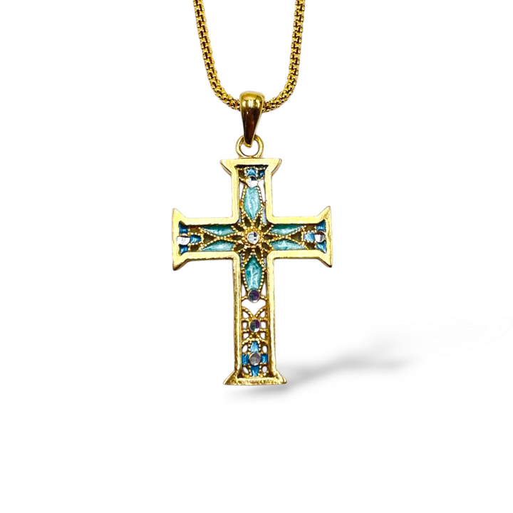 Cross pendant in enamelled silver with filigree workmanship