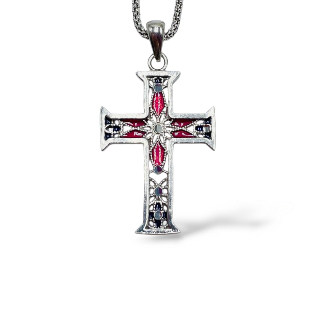 Cross pendant in enamelled silver with filigree workmanship