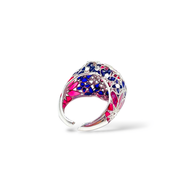 Enamelled silver flower ring with filigree workmanship