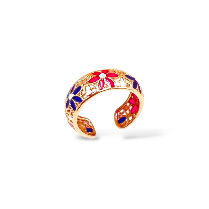 Enamelled silver flower ring with filigree workmanship