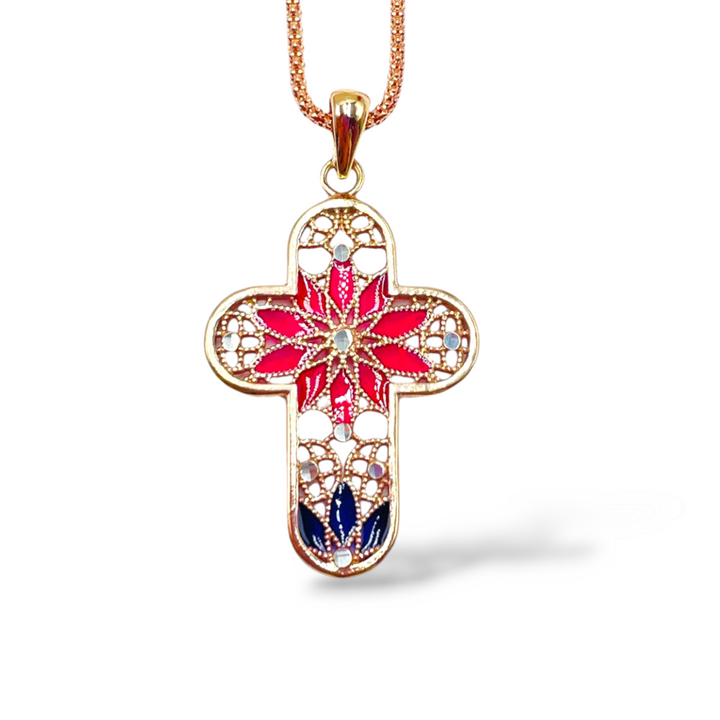 Cross pendant in enamelled silver with filigree workmanship