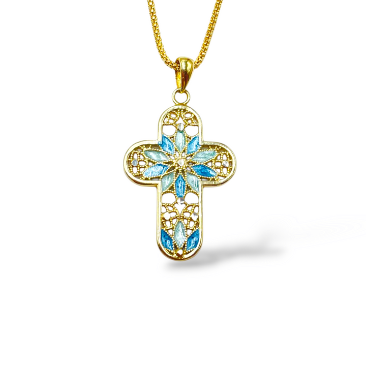 Cross pendant in enamelled silver with filigree workmanship