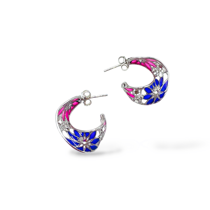 Filigree enameled silver flower earrings