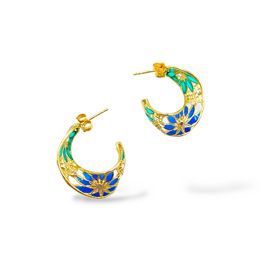 Filigree enameled silver flower earrings