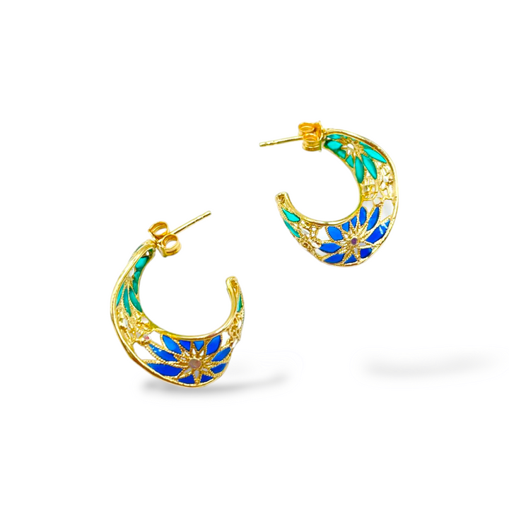 Filigree enameled silver flower earrings
