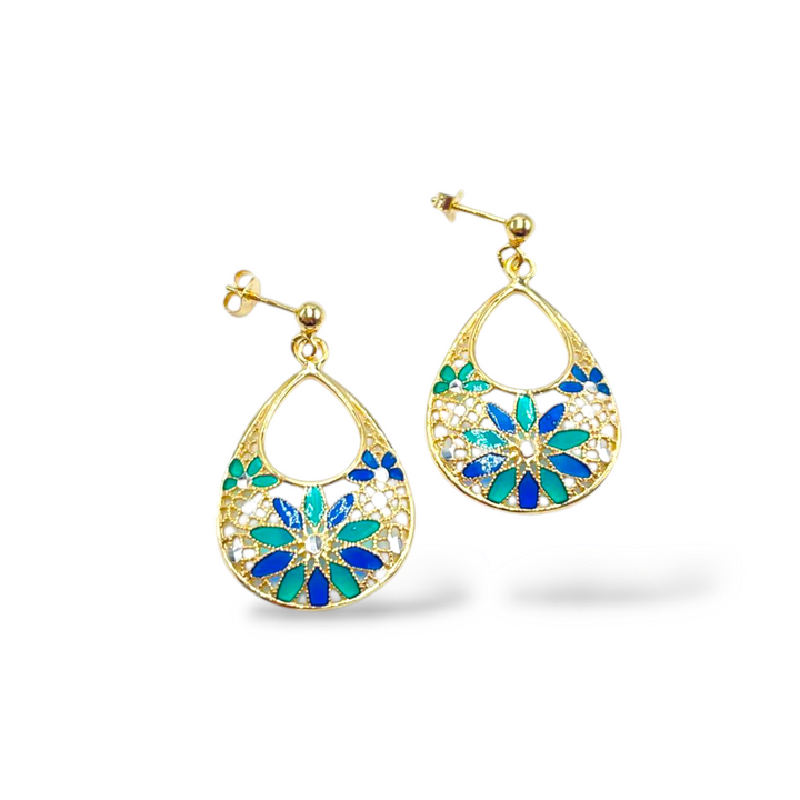 Filigree enameled silver flower earrings