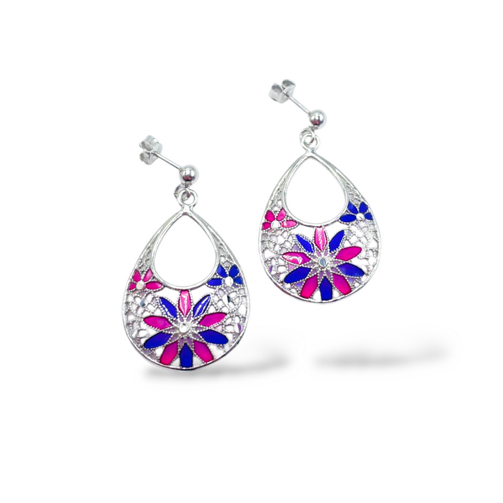 Filigree enameled silver flower earrings