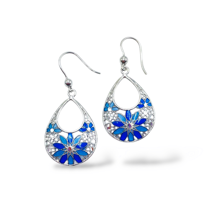 Filigree enameled silver flower earrings