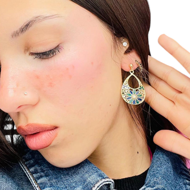 Filigree enameled silver flower earrings