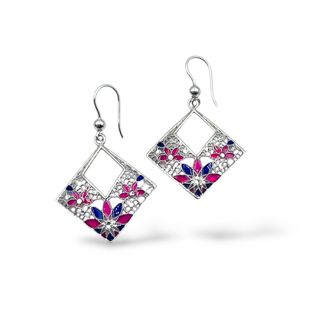 Filigree enameled silver flower earrings