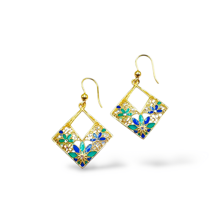 Filigree enameled silver flower earrings
