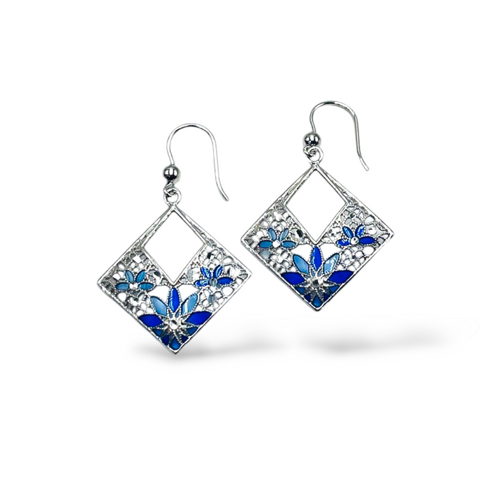 Filigree enameled silver flower earrings