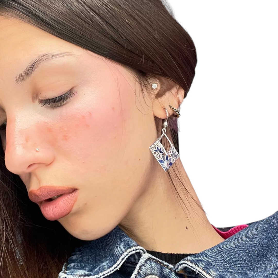Filigree enameled silver flower earrings