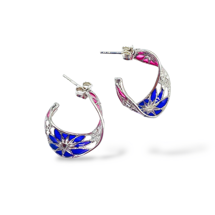 Filigree enameled silver flower earrings