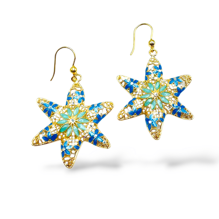 Starfish earrings in enameled silver with filigree workmanship