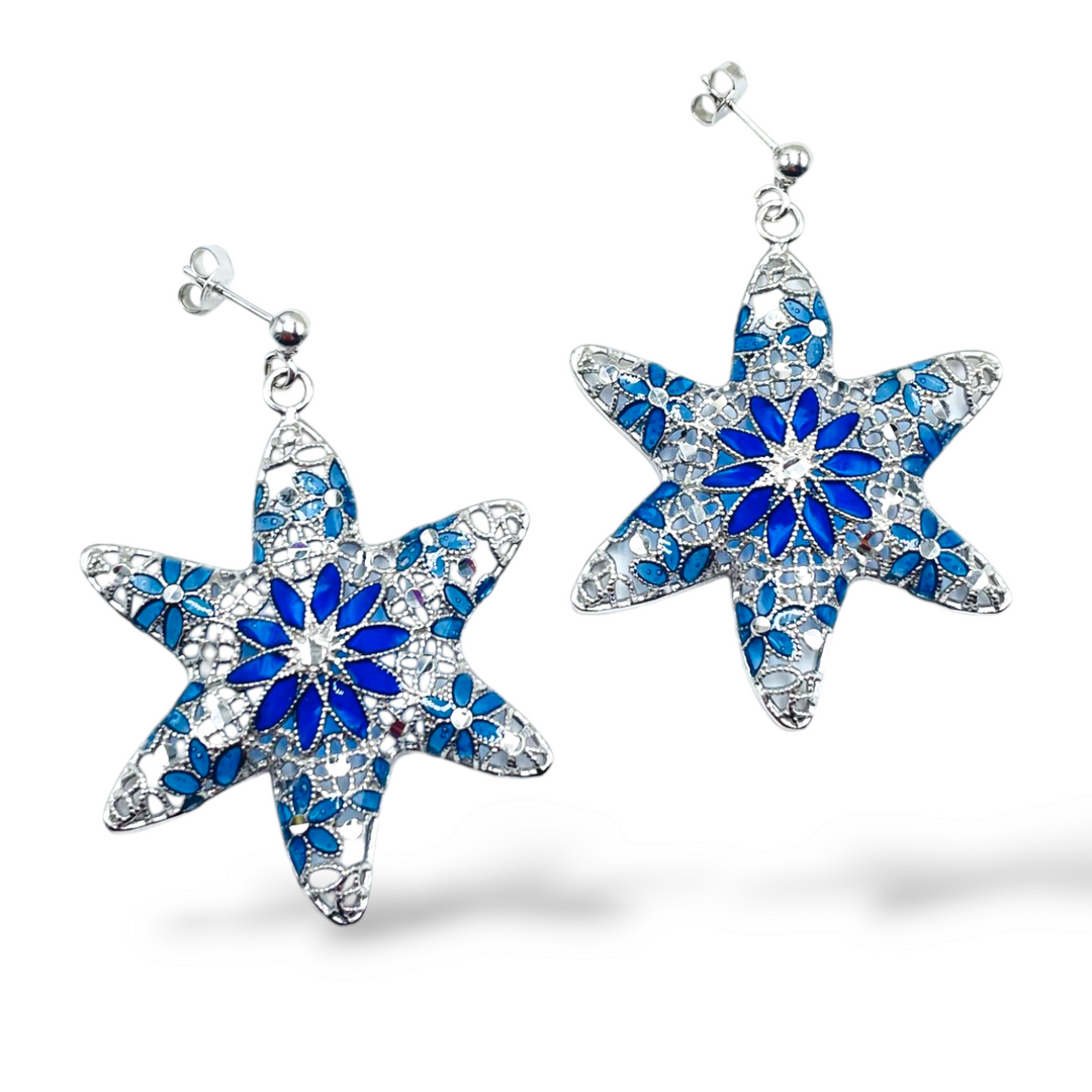 Starfish earrings in enameled silver with filigree workmanship