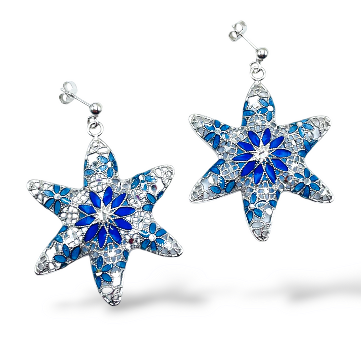 Starfish earrings in enameled silver with filigree workmanship