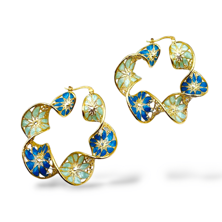 Filigree enameled silver flower hoop earrings