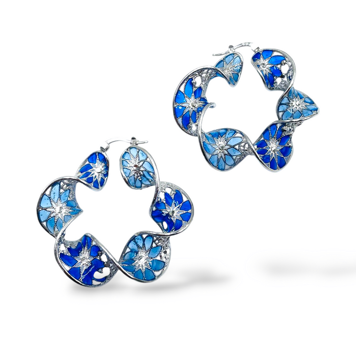 Filigree enameled silver flower hoop earrings