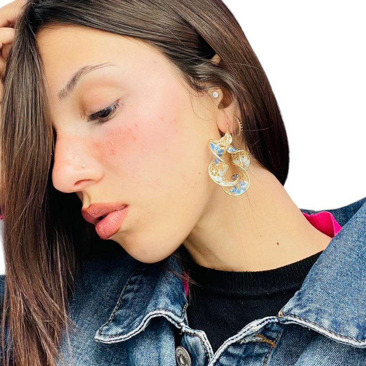 Filigree enameled silver flower hoop earrings