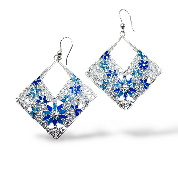 Filigree enameled silver flower earrings