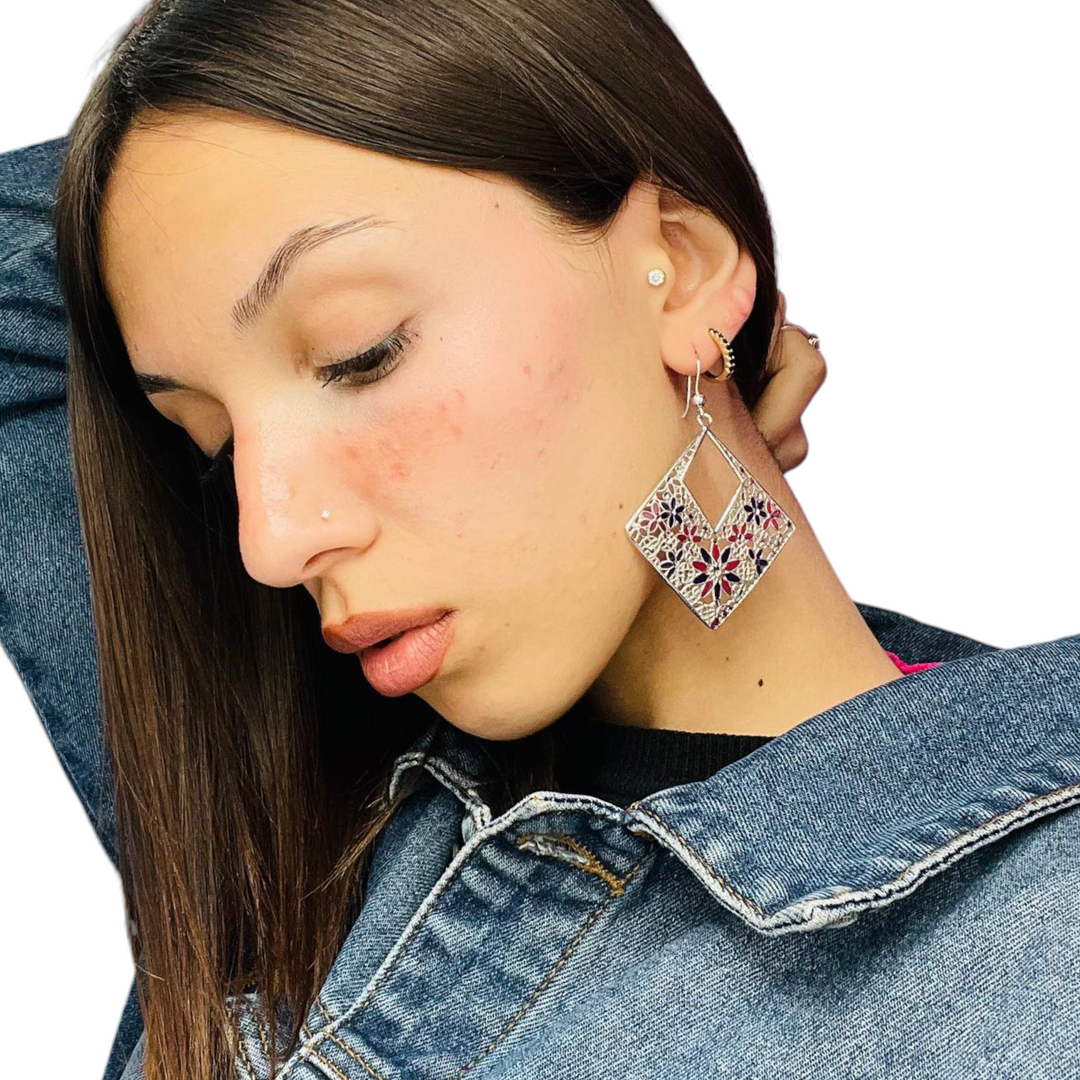Filigree enameled silver flower earrings
