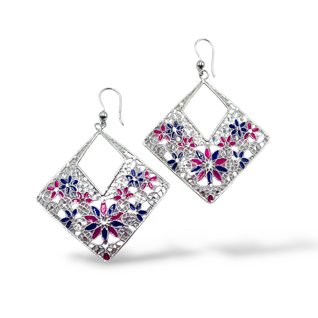 Filigree enameled silver flower earrings