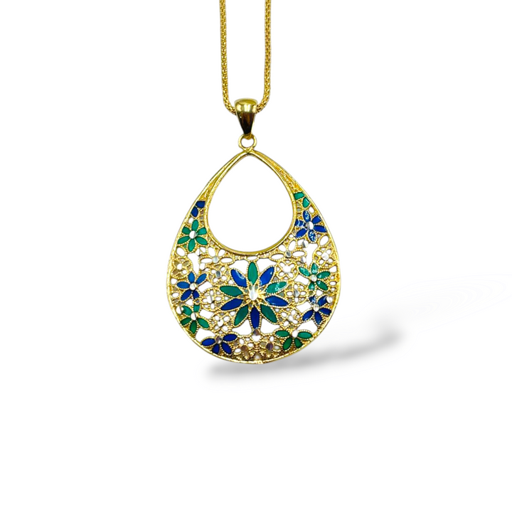 Drop pendant in enamelled silver with filigree workmanship